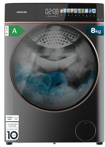 Cecotec Lavadora Secadora 8-5Kg Carga Frontal Bolero Wash&Dry 85900 Inverter Steel A, 1400 rpm, 11 programas, Motor Inverter Plus, pantalla FullColor 10,3, Funciones SteamMax, Stop&Go, Delay End