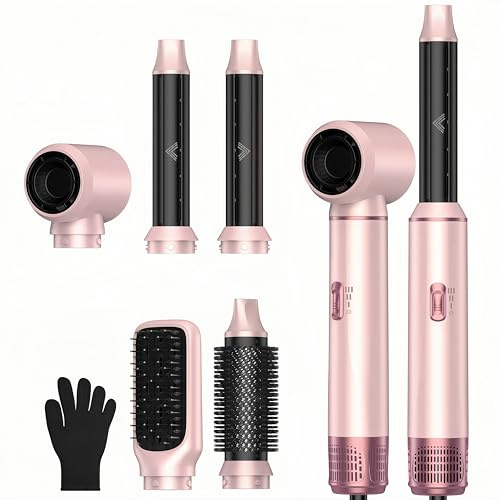 Hårstyler, 5-i-1 Airstyler Hårstyler med Luft Locktång Hårtork Termisk Borste Plattborste Set, Multistyler Rund Borste Hårhårstyling Apparater Hårtork Present för Kvinnor, Rosa