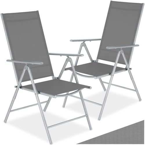tectake® Set da 2 Sedie da Giardino in Alluminio, Sedie Pieghevoli, Leggere, Schienale Regolabile in 7 Posizioni, Facili da Lavare, 67x56x105cm, Salva Spazio, Carico Max cad 110kg - Grigio/Argento