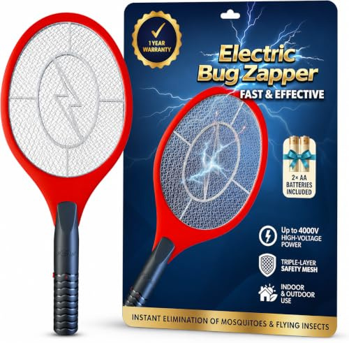 ASISNAI Bug Zapper Racket, Electric Fly Swatter for Mosquitoes, Flies, and Flying Insects, 18 Inch Handheld Battery Powered Fly Zapper for Indoor Outdoor Use, 2 AA Batteries Included, Red