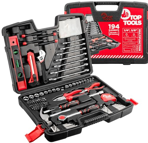 TOP TOOLS Werkzeugkoffer 194-teilig 1/4 & 3/8 Zoll – Steckschlüsselsatz mit Knarre, Schraubenschlüssel, Bits & Handwerkzeugen, Universal Werkzeugset für Haushalt & DIY