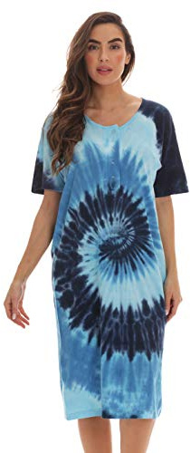 Just Love Women's Tie Dye Nightgown, 100% Cotton Short Sleeve Henley Sleep Shirt, Blue, 3X