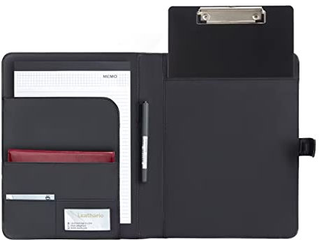 Leathario A4 Konferenzmappe Schreibmappe Portfolio Dokumentenmappe Mappe mit Schreibblock Schwarz