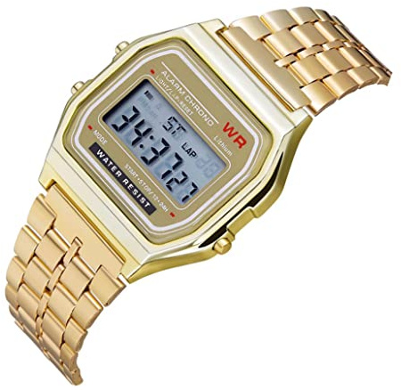 Rachlicy Reloj Digital De Pulsera F91w Reloj Electrónico De Negocios Ajustable con Correa De Acero Dorada, Reloj Digital, Reloj De Muñeca De Metal, Reloj LCD Dial Watch