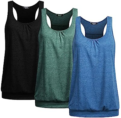 Beyove 3 Pack Banded Bottom Workout Tops for Women Tummy Flattering Yoga Tank Tops Racerback Gym Shirts, Black + Deep Green + Navy Blue