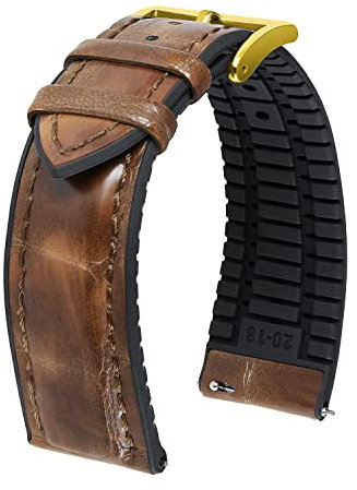 BINLUN Leder Uhrenarmband 22mm 21mm 20mm 19mm 18mm 16mm 14mm Alligator Muster Uhrenarmbänder für Herren Damen Ersatz Schnellverschluss Lederarmband Silikon Hybrid Uhrband(20mm,Hell Braun Gold)