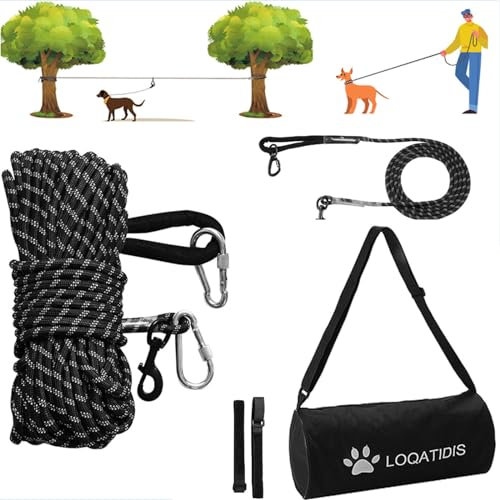 LOQATIDIS 3 en 1 Cable de Amarre para Perros, 15m 30m Sistema portátil de la Carretilla de Arriba, Correa Reflectante para Perros para el Patio Parques Entrenamiento Correr, Bolsa de Hombro