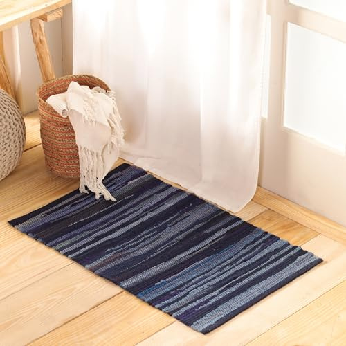 HOMEMONDE Navy Rag Rug 20x32 Recycled Soft Cotton Chindi Rugs Hand Crafted Reversible Boho Home Decor for Entyrway, Doormat, Kitchen, Bedroom, Living Room