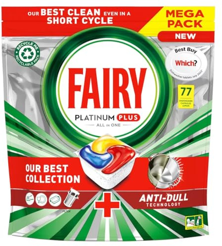 Fairy Platinum Plus All In One Dishwasher Tablets, Lemon, 77 Tablets, Our Best Cleaning For A Clean Like New, Removes Dullness & Prevents Limescale