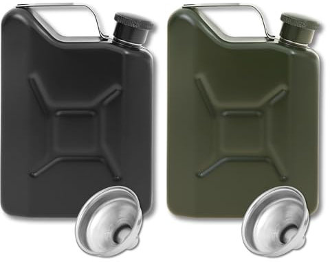2er Set Flachmann Edelstahl Benzinkanister inkl. Trichter • Militär Design Matt-Schwarz & Matt-Grün • Metall Flachmann • Geschenke für Männer • Mini 4 oz (Grün & Schwarz)