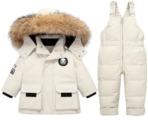 Acuryx Tuta da Neve 2 Pezzi da Bambini Ragazzi Capppotto in Piuma con Cappuccio Pellicia + Salopette da Neve Bambina Giacca Invernale Impermeabile Bianco 12-18 Mesi
