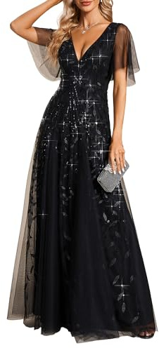 Ever-Pretty Robes de Soir e Femmes Longues Manches Volants Tulle Paillettes de Feuilles Col V Chic Bordeaux 36