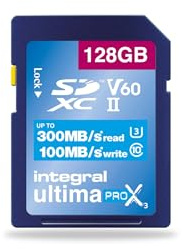 Integral Carte 128GB UHS-II SD V60 Jusqu'à 300MB/s en Lecture et 100MB/s en écriture Carte mémoire SDXC Professionnelle Haute Vitesse