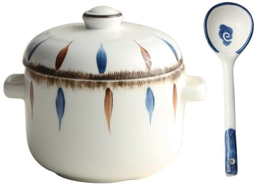 Japanese Style Ceramics Stew Pot with Lid & Spoon, Large Decorative Soup Bowl with Handle,Soup Pot for Cereal, Soup, Rice(Size:500ML/18OZ,Color:A)