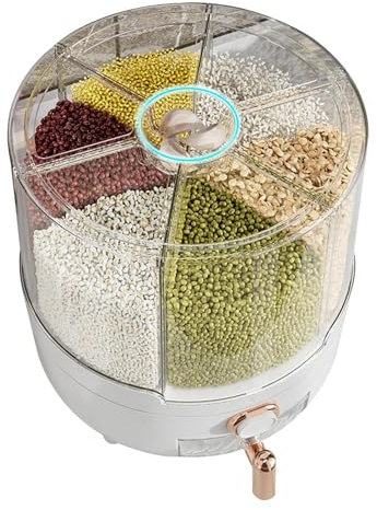 Risbehållare – 360 graders roterande korndispenser | 6 fack risdispenser, roterande transparent dispenser, bönor förvaringsbehållare, lock avtagbar matdispenser med 6 fack hållare
