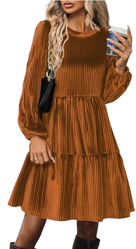 ZEAGOO Robe Velours Femme Manche Longue Élégante Automne Hiver Robe Col Rond Uni Mini Robes Taille Haute Décontractée Robes avec Poches S-XXL