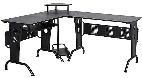 HOMCOM Scrivania Gaming per Casa o Ufficio, Angolare e Salvaspazio con Ripiano Tastiera Estraibile, 165x145x86.5cm, Nera