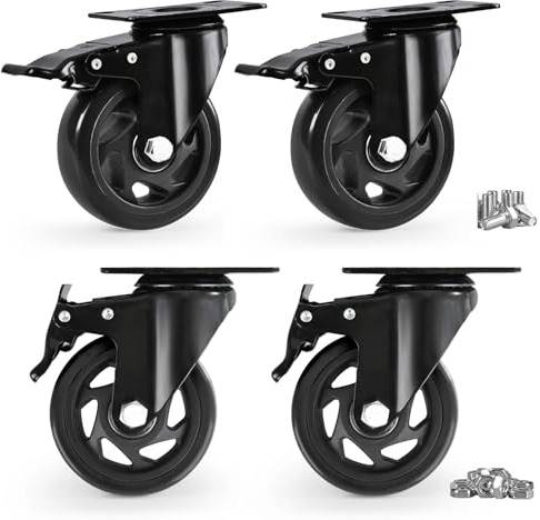 Caster Wheels, Heavy Duty 100mm Casters Set of 4, Locking Swivel Casters Wheels for Cart, Furniture and Workbench, Black