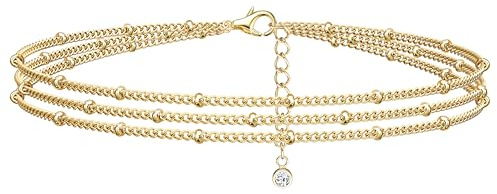 ORAZIO 925 Sterling Silver Gold Bracelet for Women Girls Ladies Gold Bracelets 3 Layered Link Chain Charm Bracelet Adjustable Beaded Bracelets for Womens Girls