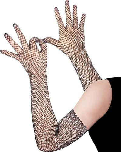 Lange Netzhandschuhe Halloween,Handschuhe mit Strasssteinen Damen,Long Fishnet Gloves mit Funkelnden,Voller Finger Länge Handschuhe,für Halloween Kostümpartys Zubehör (Schwarz, Einheitsgröße)