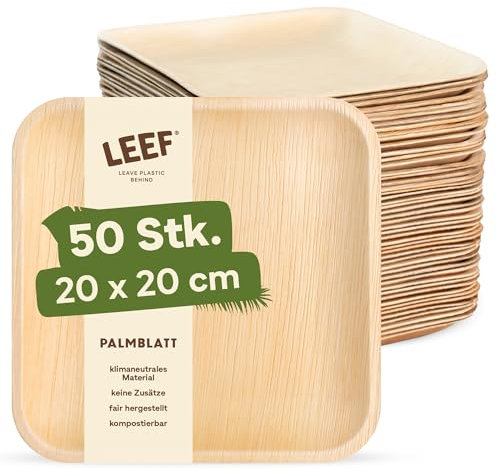Leef 50x Palmblatt Teller eckig - Einweggeschirr kompostierbar und naturbelassen - 20 x 20 cm - umweltfreundlich - Geschirr Partygeschirr Einwegteller