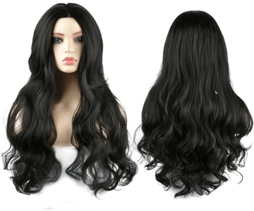 TMBMLPP Parrucca nera ondulata lunga 27,5 pollici/70 cm per donne e ragazze, Lungo riccio Nero, Regolabile dimensione, Parrucca sintetica da donna, Cosplay