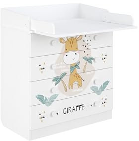 Shefa 800 Kids Baby Changing Table White Giraffe Chest of Drawers with 4 Drawers and Changing Unit