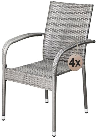 Casaria® Gartenstühle 4er Set Stapelbar Wetterfest Polyrattan Outdoor 160kg Garten Terrasse Balkon Stuhl mit Armlehne Gartensessel Stapelstühle Grau