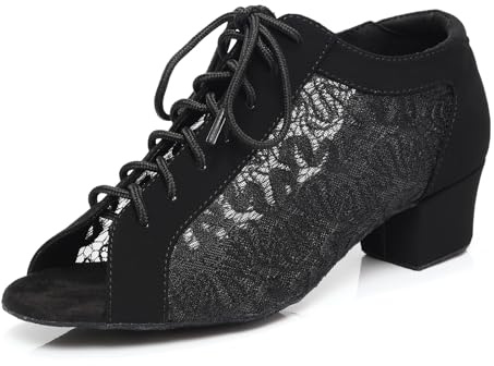 GYUBL Women's Lace-up Latin Practice Dance Shoes Peep Toe | Breathable Lace Mesh, Suede Sole, Ballroom Salsa Tango Dancing Shoes with Low Heel