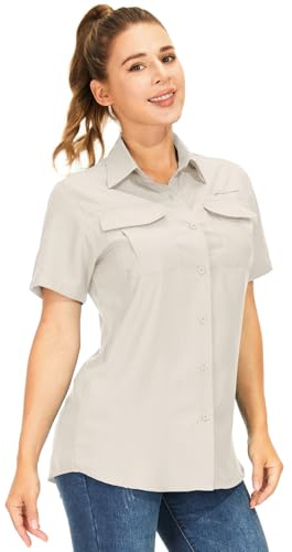 Toumett Women's UPF 50+ UV Sun Protection Safari Shirts,Short Sleeve Quick Dry Outdoor Fishing Hiking Travel Shirts(5076,Light Khaki,L)