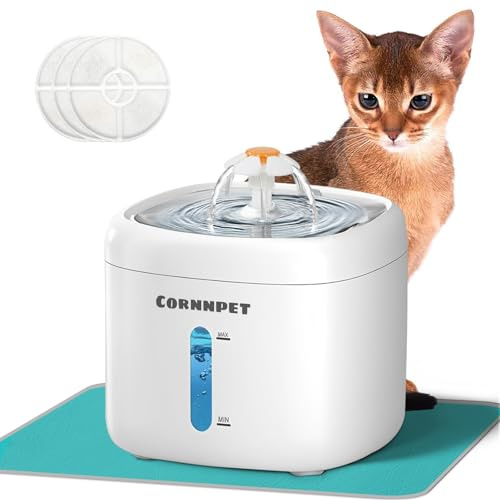 Cornnpet Cat Water Fountain 2.2L with 3 Filters and 1 Mat, Dual Flow Modes Dog Water Fountain with Ultra Silent and Auto Stopping for Small Kitty Cats and Dogs - White