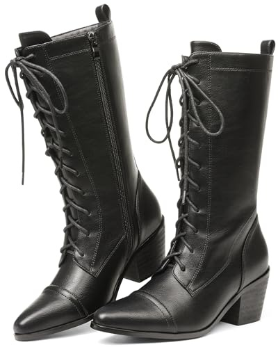 SaraIris Women's Black Mid Calf Boots Lace Up Chunky Heel Vintage Combat Heeled Dress Casual Boots