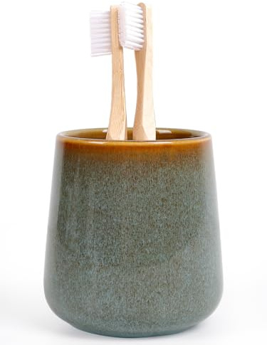Autumnlife Vaso para cepillos de dientes de cerámica, 350 ml, color verde, con aspecto de piedra natural, redondo, vaso de baño y vaso para enjuague, soporte para pasta de dientes para cepillo de