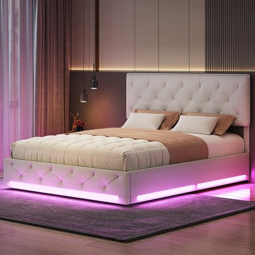 Générique Lit LED 160 x 200, Sommier Coffre avec Rangement, Tête de lit Rembourrée Ajustable, pour Adultes et Adolescents, Beige, Velours, sans Matelas