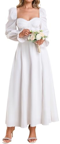 JKMNAO Women High Slit Long Sleeve Maxi Dress Fall Wedding Guest Sweetheart Neckline Casual Long Dresses White