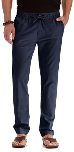 Pantalones de Lino para Hombre Pantalones Verano Color sólido Ligero algodón Pantalone con Bolsillos y Cordón Azul Marino XL