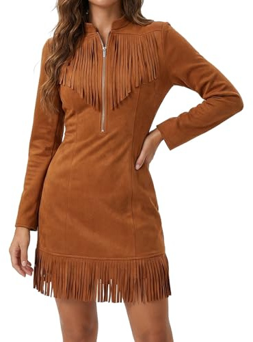 Generisch Abito da cowgirl da donna in pelle scamosciata, stile vintage, abito da cowboy, con mezza zip, con nappa, a maniche lunghe, stile retrò, marrone, L