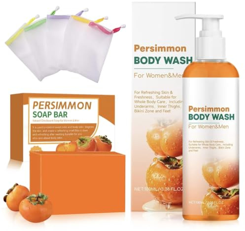 Juego de jabón y gel de ducha de caqui, caqui 100 ml con jabón de caqui, malla de espuma para rostro y cuerpo, limpieza profunda e hidratante, para hombre y mujer
