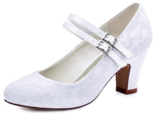 Elegantpark HC1701 Chaussures Mariée Dentelle Fermé Toe Mary Jane Escarpins Femme Talon Boucle Satin Soirée Chaussures de Mariage Blanc EU 38