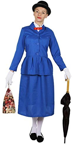 DÉGUISEMENT DE NOUNOU VICTORIEN POUR DAME + CHAPEAU MELON + SAC PERSONNAGE DE FILM TV LIVRE SEMAINE VESTE BLEUE AVEC COL BLANC ATTACHÉ, NOEUD PAPILLON ROUGE ET JUPE LONGUE BLEUE (X-PETIT)
