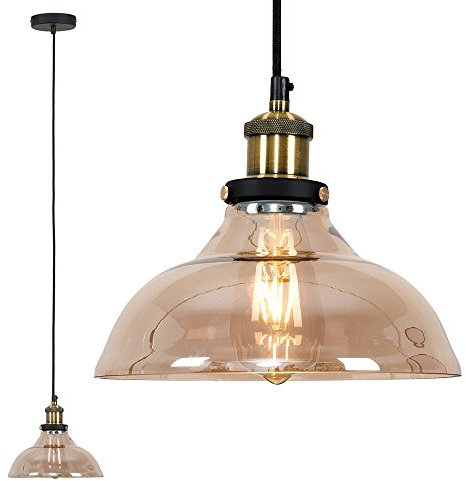 MiniSun | Industrial Steampunk Style Black and Gold Ceiling Light Pendant with an Amber Tinted Clear Glass Tapered Shade | Ceiling Lights & Home Improvements Essential