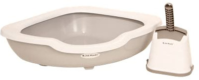 Premium Katzentoilette offen mit Rand Ecktoilette 51x51x15 cm Set mit Streuschaufel und Hygiene-Behälter 100% recycelbar Non-TOXID Rohmaterial! Der Umwelt zuliebe Grau