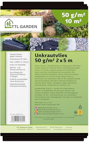 TTL Garden Toile anti-mauvaises herbes 50 g/m² - 10 m² - 2 m x 5 m - Très perméable à l'eau - 5 x 2 m de large - Toile non-tissée pour jardin indéchirable - Résistante aux UV et respirante -
