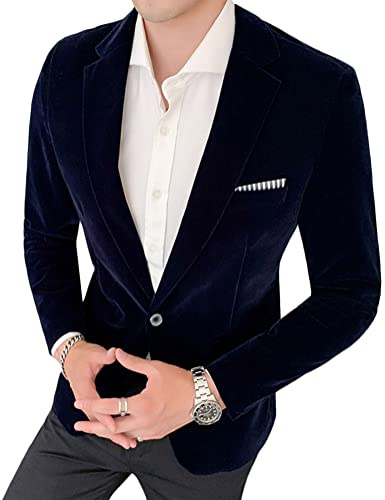 ORANDESIGNE Blazer da Uomo Giacca da Abito Formale Slim Fit Elegante Giacche a Una Bottoni Giacca Uomo Sartoriale in Velluto Slim Fit Blazer Invernale Elegante Casual A Blu Navy XL