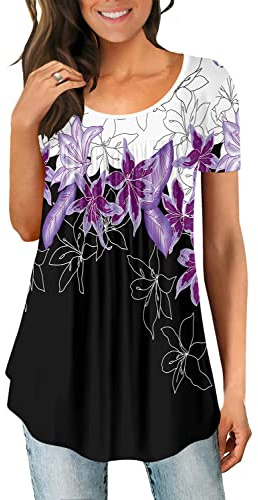 Magritta Womens Shirt Summer Tunic Tops for Leggings Plus Size Short Sleeve Floral Printed Tunics Blouses Ruffle Swing Tops Purple Lily X-Large
