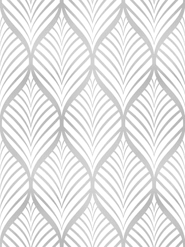 Amiya Silver Gray Peel and Stick Wallpaper Modern Boho Removable Vinyl Contact Paper Leaf Self Adhesive Bathroom Wallpaper for Cabinets 17.5 x 120 Renter Friendly