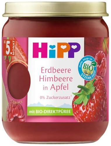 HiPP Bio Früchte Erdbeere Himbeere in Apfel (6 x 160g), ab 5. Monat, ohne Zuckersatz, besonders intensiver Fruchtgeschmack, in bester Bio-Qualität.