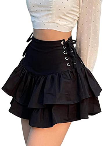 XKBHYD Jupe plissée noire pour femme avec ceinture et chaîne