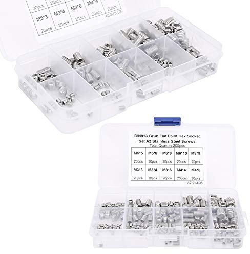 200 Pièces Vis sans Tête Hexagonale M3 M4 M5 M6 M8 Vis sans Tête Plate en Acier Inoxydable Pointe de Vis à Six Pans Creux Vis sans Tête Vis de Couverture Vis Boulon écrous Noir