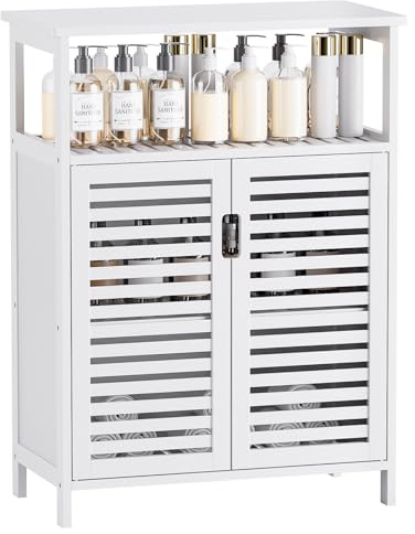 HITNET Mueble de Baño con Puertas, Organizador de Almacenamiento Lateral Independiente de Bambú, Armario de Cocina Pequeño Que Ahorra Espacio, 4 Niveles Estantes Abiertos, Blanco